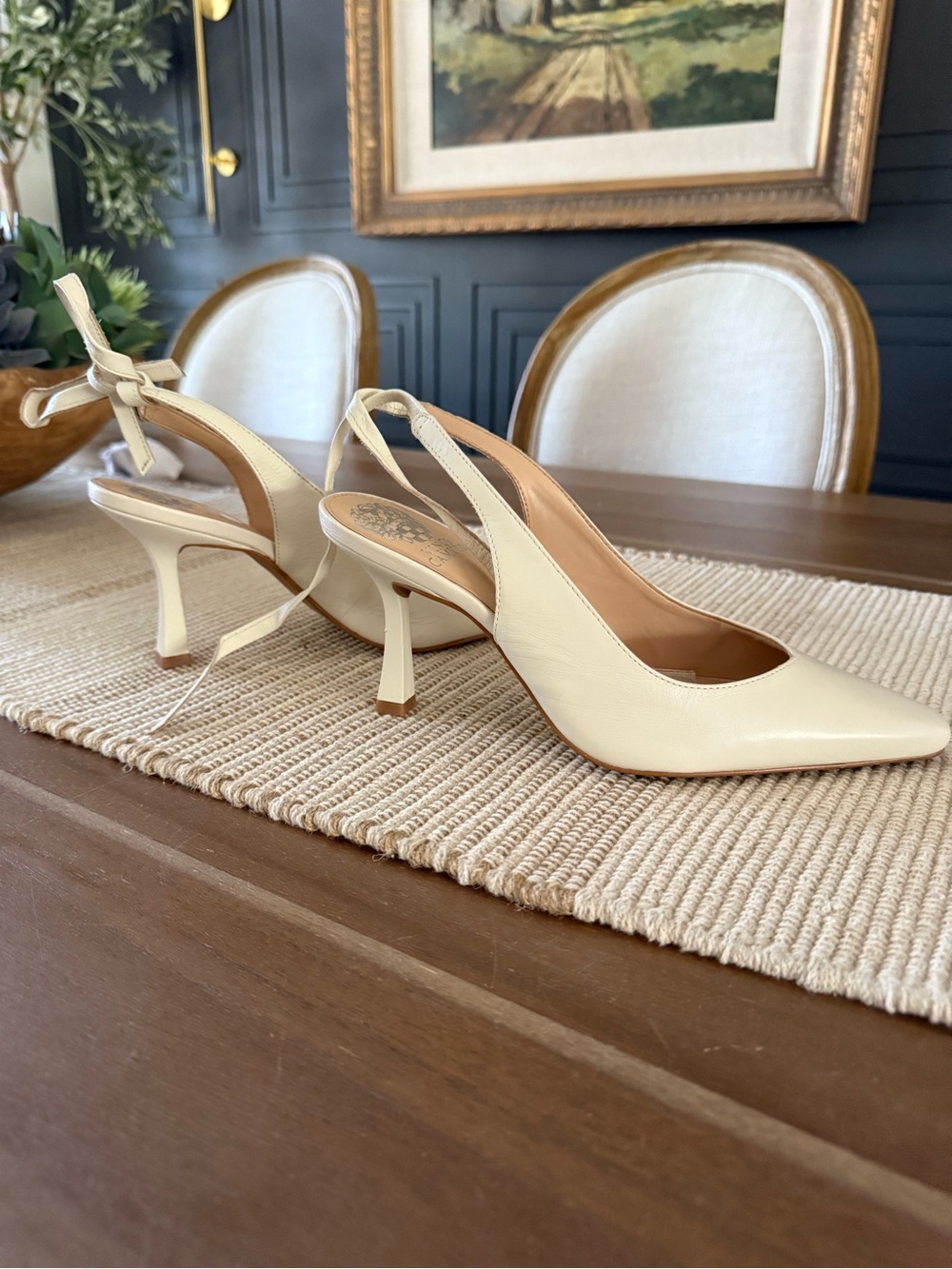 Vince Camuto Ivory Pointed Slingback Heels with Ankle Tie